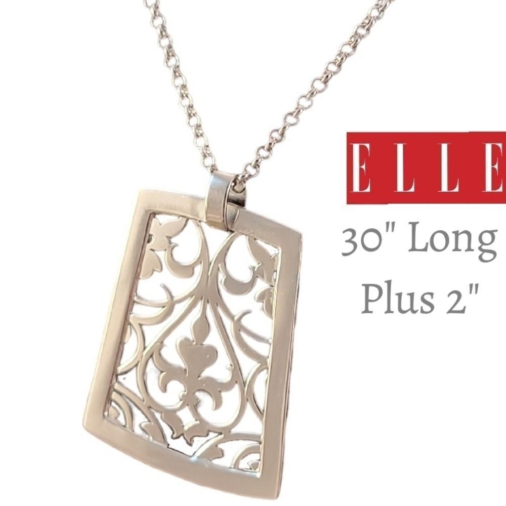 New ELLE Sterling Modern Filigree Flourish Openwork Long Statement Necklace